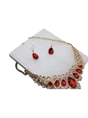 Gold Necklace Earring Set  Red Teardrop Stones Women FINAL PRICE DROP